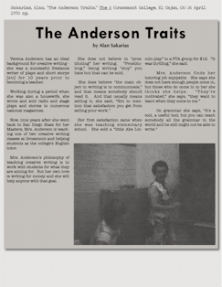 Sakarias, Alan. “The Anderson Traits.” The G (Grossmont College, El Cajon, CA) 26 April 1972: np. 