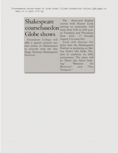 “Shakespeare Course Based On Globe Shows.” [Allied Gardens-San Carlos] Life News (La Mesa, CA) 16 April 1975: np.