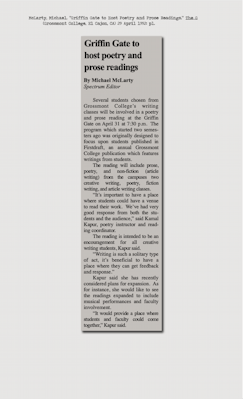 McLarty, Michael. "Griffin Gate to Host Poetry and Prose Readings." The G  (Grossmont College, El Cajon, CA) 29 April 1992: p1.