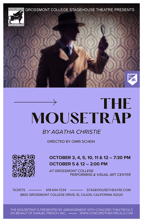 The Mousetrap poster with a man holding a magnifying glass.