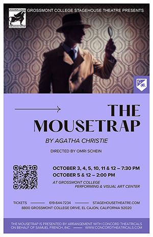 The Mousetrap poster with a man with a magnifying glass.