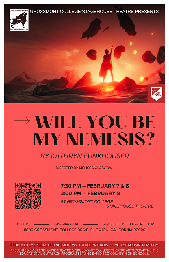 Will You Be My Nemesis Poster with a superhero standing in front of a volcano holding their hand up in the arm.