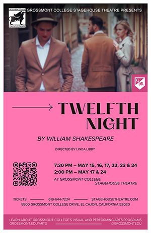 Twelfth Night poster with a man a woman walking away and the woman is looking back at a man walking towards you.