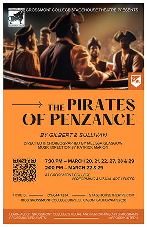 The Pirates of Penzance Poster with pirates in a small boat.