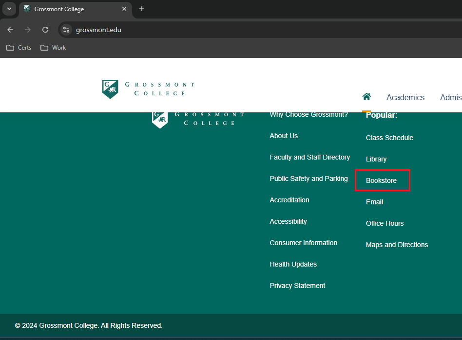 image highlighting Bookstore link in footer of grossmont.edu