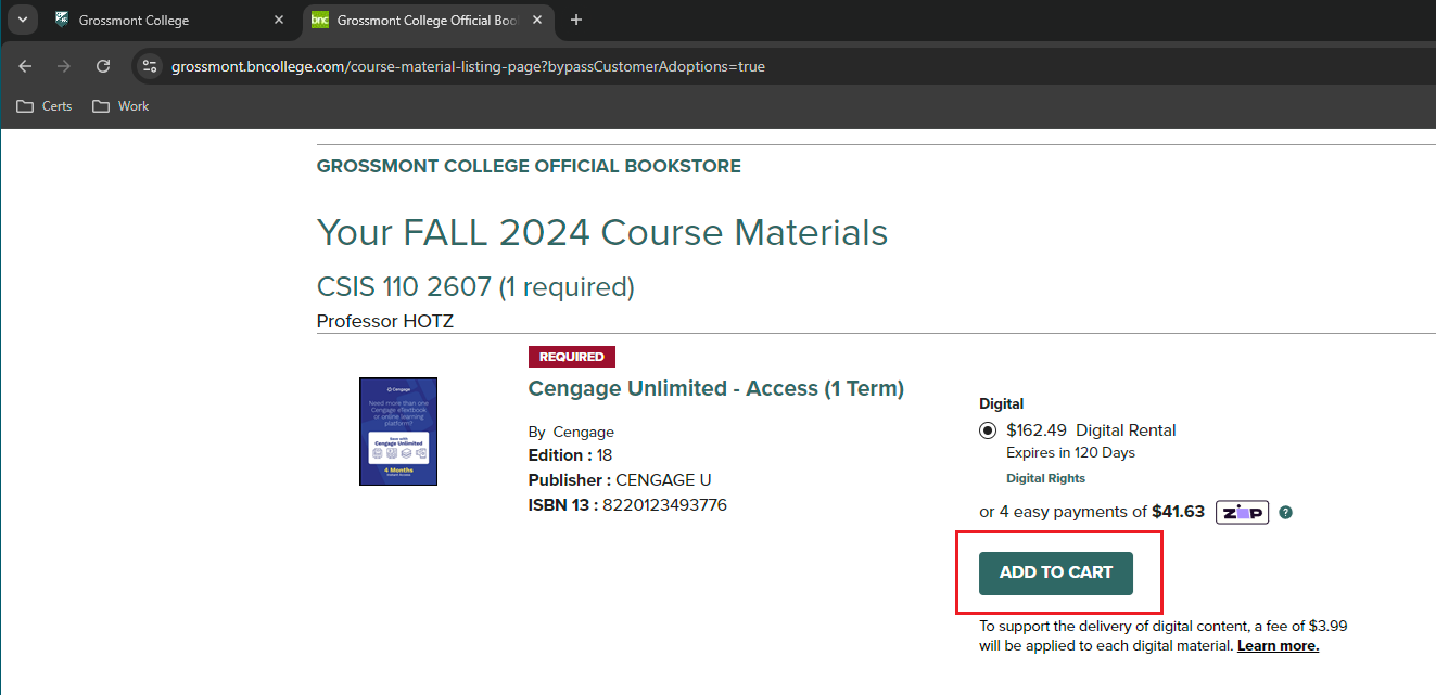 image showing add to cart button for course materials